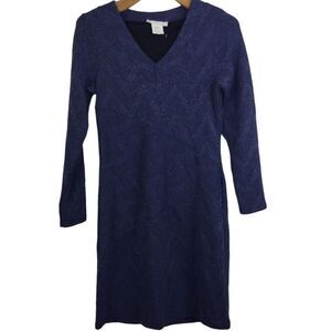 Papillon Blanc V-Neck 3/4 Sleeve Zigzag Print Knit Dress Blue Medium